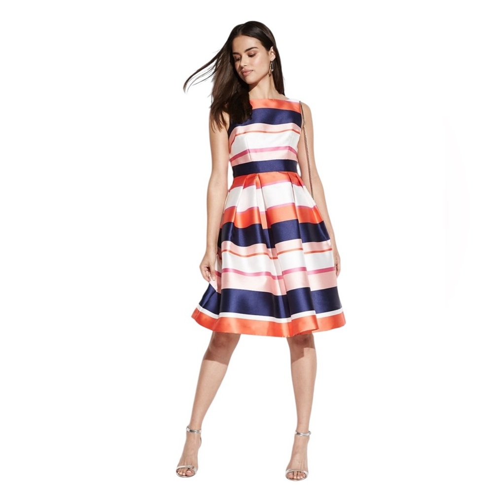 Eliza J Striped Fit & Flare Cocktail Dress, wedding guest, party, size 6